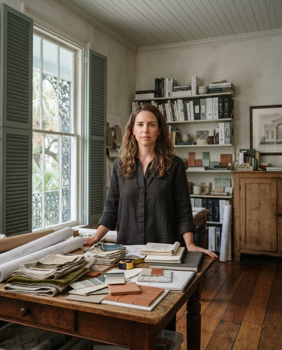 Portrait of Nell Carrington, standing at a table of material samples and rolled drawings in a shuttered studio.