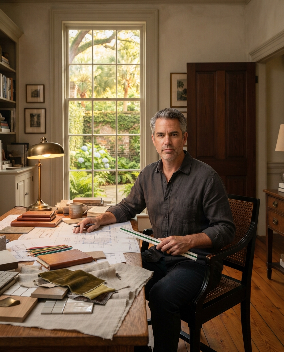 Portrait of Theo Vandiver, seated at an oak worktable spread with drawings and finish samples, a garden behind.