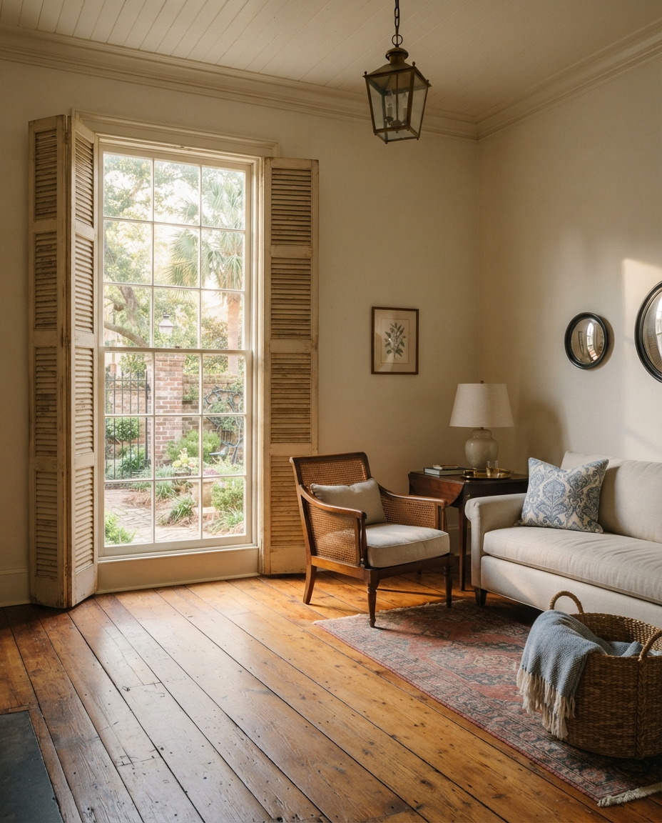 A sitting room with folded louvred shutters, a cane armchair beside a low linen sofa, and a walled garden beyond.