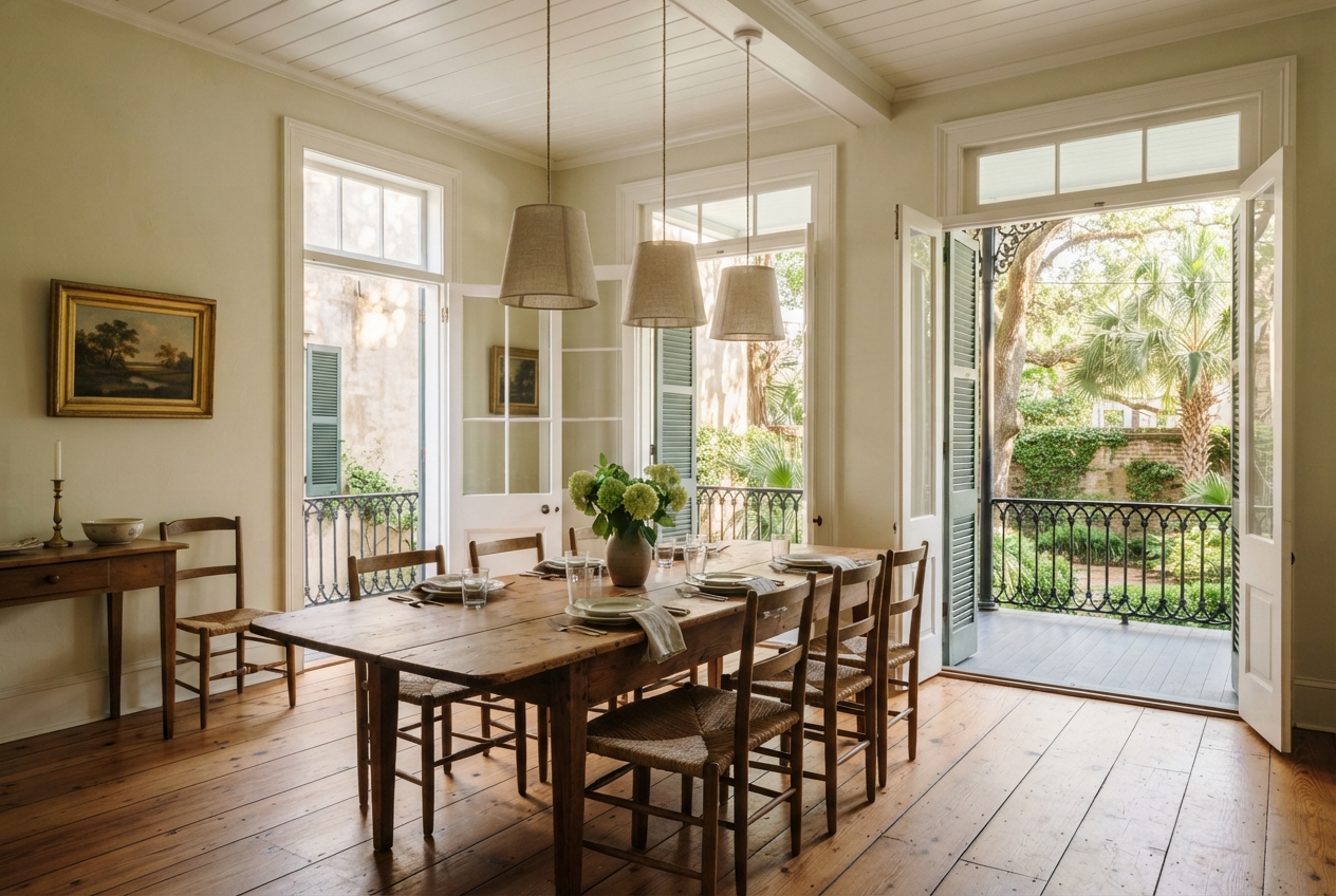 A dining room with a long heart pine table and rush-seated chairs under linen pendant shades, open to a side piazza.