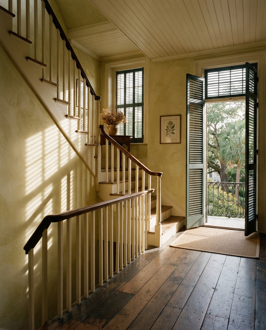 A stair hall where a tall shuttered window casts a lattice of shadow across a lime-washed wall and painted floorboards.