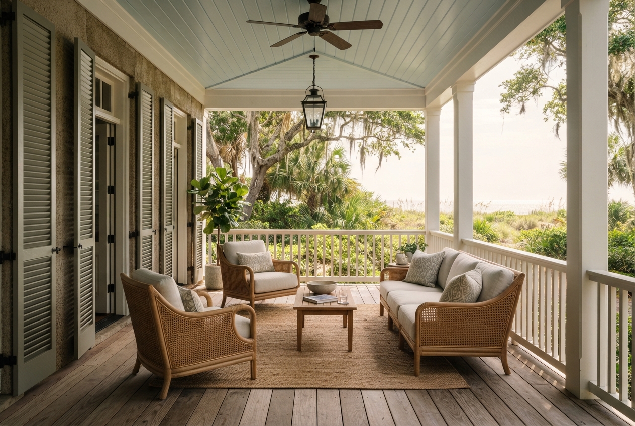 An open porch lounge under a painted board ceiling, rattan and oak seating facing dense coastal planting.