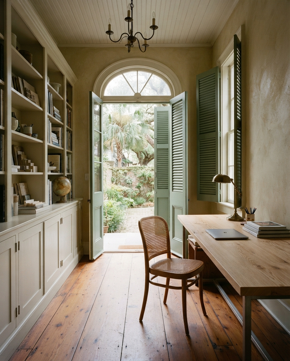A narrow studio office with a long oak worktable, cane chairs, full-height louvred shutters and built-in shelving.