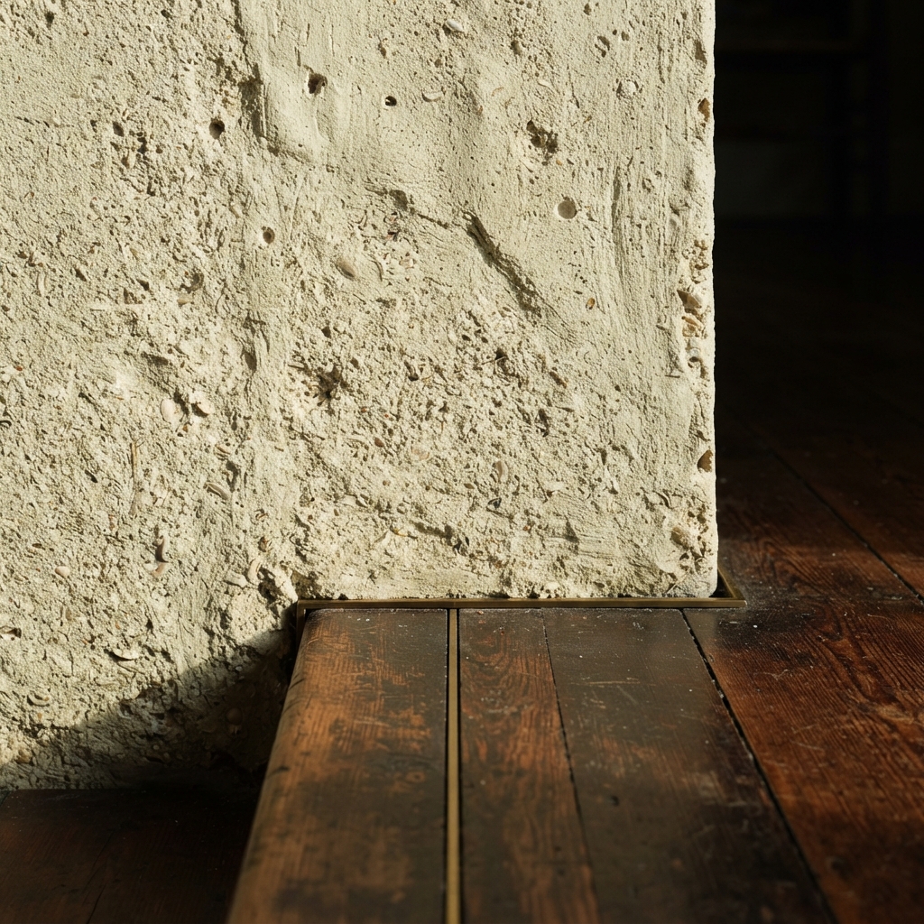 Detail of a tabby-rendered wall meeting a dark oak threshold, with a slim brass shadow-gap between them.