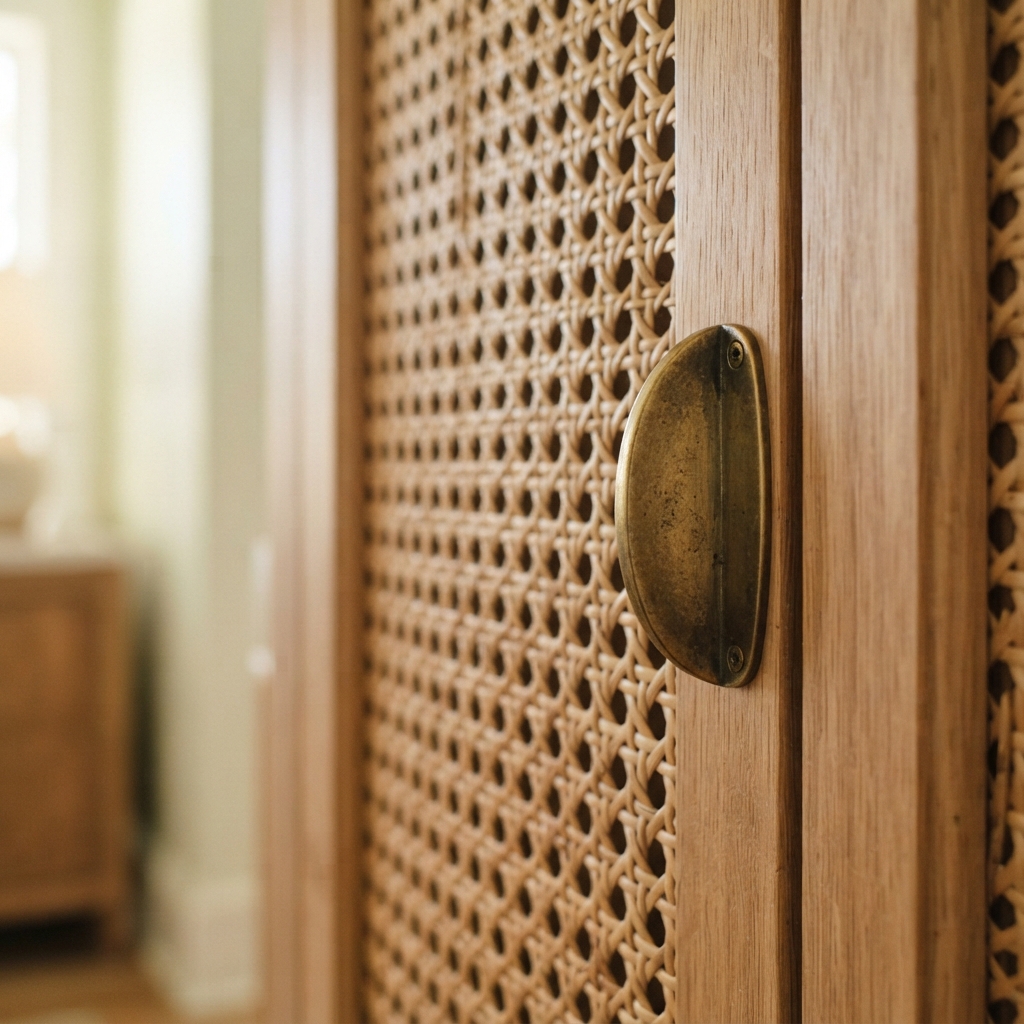 Detail of white oak joinery meeting a woven cane cabinet panel, with an aged brass pull handle.